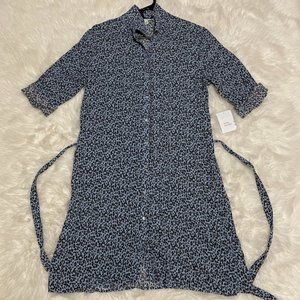 NWOT Victoria's Secret Woven Tie/Belted Midi Shirtdress Blue Leopard Print Small